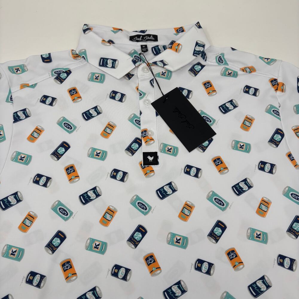 Bad Birdie Mens XL Crushable Beer Can Pattern Short Sleeve Golf Polo‎ Shirt NWT
